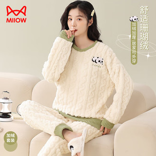 猫人女士睡衣女冬珊瑚绒法兰绒提花加厚熊猫印花保暖家居服女米白2XL 熊猫印花绒套头-米白