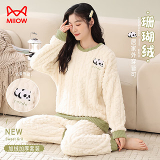 猫人女士睡衣女冬珊瑚绒法兰绒提花加厚熊猫印花保暖家居服女米白2XL 熊猫印花绒套头-米白