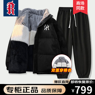 NODE SPORTS品牌联名双面穿棉服男冬季羊羔绒棉衣保暖棉袄面包服 9010黑色(B)+K821黑色常规 L（偏大，125-140斤）