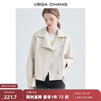 VEGA CHANG机车皮衣女2024年春季西装领BF风帅气pu皮夹克短外套ins潮 米杏色