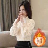 弥多红加绒加厚蕾丝打底衫女装秋冬装2021年潮雪纺衬衫植绒上衣洋 杏色(加绒加厚) 3XL 130-150斤