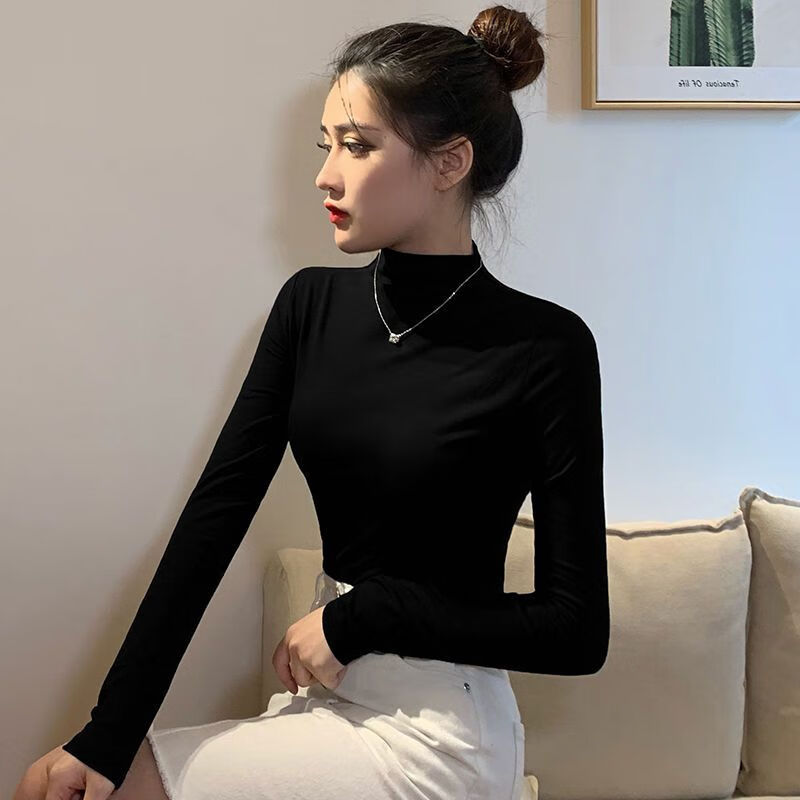 朵迪雅尚（DUOASHANG）黑色半高领打底衫女春秋内搭长袖秋衣立领修身t恤紧身上衣百搭 黑色半高领 均码