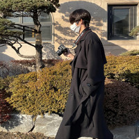 艾梵斯贝风衣设计感高级男韩版中长款宽松双排扣大衣外套高品质过膝长款潮 加棉黑色 3XL