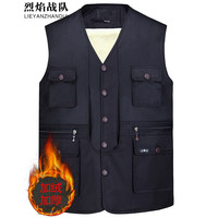 烈焰战队棉马甲男士冬季加绒加厚坎肩多口袋宽松中老年爸爸装保暖马夹背心 藏蓝色(9粒扣马甲) XL(体重100-120斤)