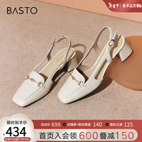 百思图2024夏季时髦金属扣方头粗跟女凉鞋RJF51BH4 米白 34