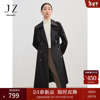 玖姿·安娜蔻复古经典英伦风双排扣收腰外套长风衣2024春季 素黑 S