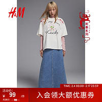 H&M 女装T恤2024春季休闲大廓形印花上衣1213177 奶油色/Lucky 170/116A