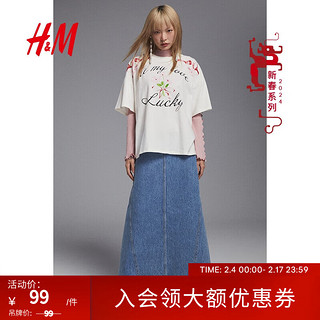 H&M 女装T恤2024春季休闲大廓形印花上衣1213177 奶油色/Lucky 170/116A