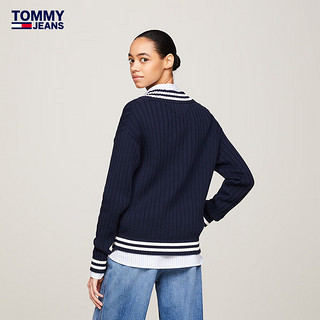 TOMMY JEANS 24春季女装潮流刺绣肌理拼色V领宽松针织衫DW0DW17758 藏青色C1G XS