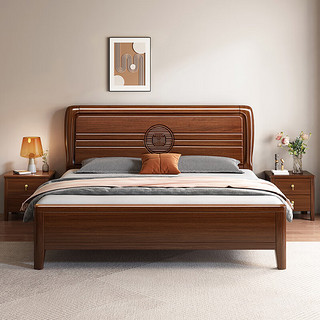 PXN 莱仕达 新中式乌金木实木双人床1.8米小户型主卧床NJ1202 1.5床+10cm垫 1.5米框架床+10CM环保棕垫