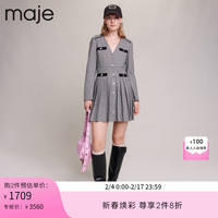 Maje女装法式气质V领长袖短款百褶连衣裙MFPRO03213 黑白色 T34