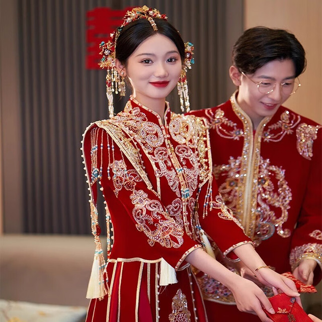 TAILEMARTIN 泰勒马丁 丝绒秀禾服新娘婚纱2023新款中式婚服结婚敬酒礼服古装嫁衣婚服 23429丝绒（不含女装） S