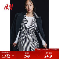 H&M女装2024春季翻折领休闲舒适棉质衬衫裙1213152 海军蓝/条纹 165/96A