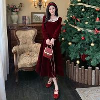 祖棉年会礼服女秋冬法式复古高级感连衣裙赫本风丝绒裙垂坠感 酒红色 M码 (80~100斤)