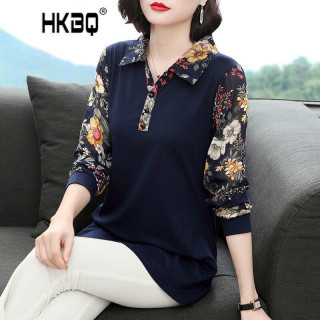 HKBQ 女装雪纺长袖上衣2022春装宽松遮肚子翻领拼接衬衫打底衫 藏青色 3XL 142-155斤