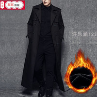 ℘胖哥M-8XL肥佬280斤秋冬男士风衣超长款加肥加大码英伦大衣外套双排扣过膝宽松300斤 超长（到小腿左右）加绒版黑色 3XL（200-220斤）