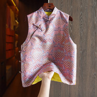 淘颜说 (TAOYANSHUO)粉色高端真丝宋锦提花马甲背心女士斜襟盘扣桑蚕丝新中式国风上衣 粉色 S/155