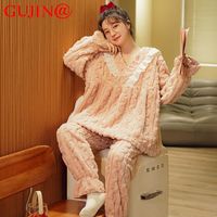 古今 GUJIN@法兰绒睡衣女冬季长袖加厚保暖家居服甜美两件套