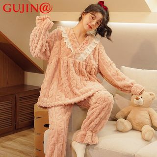 古今 GUJIN@法兰绒睡衣女冬季长袖加厚保暖家居服甜美两件套