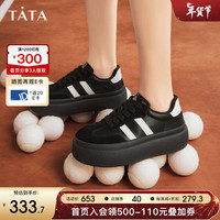 他她（TATA）厚底复古德训鞋女棕色加绒休闲板鞋2024春季DWEW1AM4 黑/白（单里） 36
