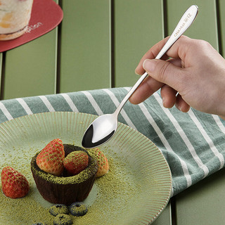 茶花不锈钢勺子饭勺西餐勺高颜值家用水果勺吃饭勺长柄餐勺汤匙 1个装#-不锈钢圆餐勺