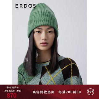 ERDOS【善+系列】动物刺绣卷边加厚保暖羊绒针织圆顶优雅女帽子 丝绒绿 52cm