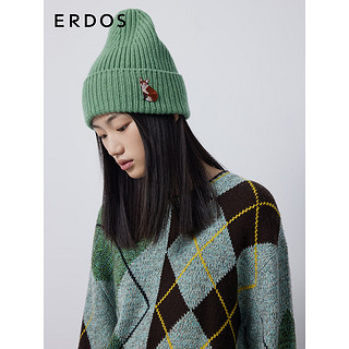 ERDOS【善+系列】动物刺绣卷边加厚保暖羊绒针织圆顶优雅女帽子 丝绒绿 52cm