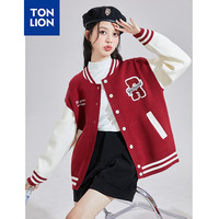 唐狮 TONLION女棒球领毛巾绣撞色长袖毛线衫开衫 酒红 XL