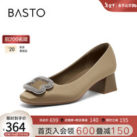 BASTO 百思图 2024春季时尚简约闪钻粗跟方头浅口女单鞋EA113AQ4 杏色 34