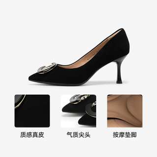 C.BANNER 千百度 羊皮细高跟鞋2024春季尖头单鞋女 黑色 34