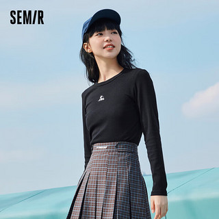 Semir 森马 长袖T恤女短款绣花修身打底衫百搭春正肩圆领针织衫101123101005 黑色90001 XXL