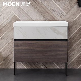 摩恩（MOEN）浴室柜 陶瓷一体盆组合德纳系列卫生间落地柜 85胡桃木柜体含下水