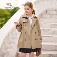 英氏（YEEHOO）女童外套儿童双排扣风衣春季英伦学院风中大童装春装 卡其 120