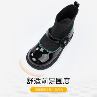江博士冬季女童简约黑色时尚百搭儿童加绒保暖女孩英伦风靴子 黑色