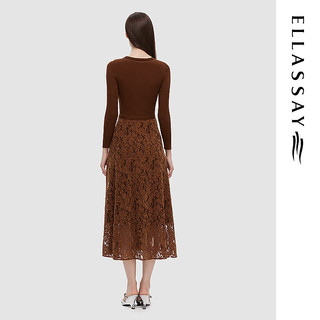 ELLASSAY歌力思2024春季圆领针织蕾丝连衣裙女EWD351Y10800 咖栗色 L