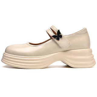金猴玛丽珍鞋2024春季一字带魔术贴学院风厚底小皮鞋 白色 35