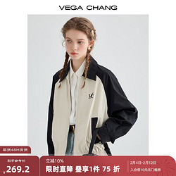 VEGA CHANG 短外套女2024年春季新款美式复古拼色运动休闲长袖夹克 黑拼米 S