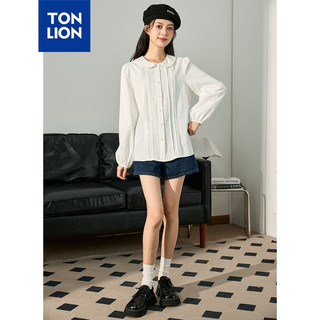 唐狮 TONLION女翻领褶皱长袖衬衫WP 本白 M