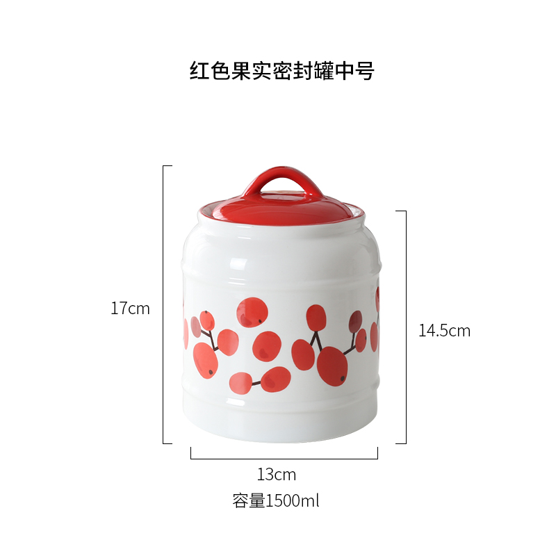 文盾（WENDUN） 家用厨房陶瓷大容量密封罐奶粉茶叶罐杂粮零食储物罐咖啡糖罐套装 红色果实中号