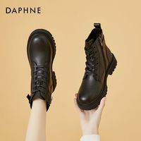 DAPHNE 达芙妮 头层牛皮2023秋冬新款真皮单里加绒马丁靴黑色侧拉链短靴女