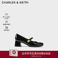 CHARLES&KEITH24春季法式粗跟方头金属扣玛丽珍鞋子女鞋女士CK1-60280433 Black Patent黑色 39