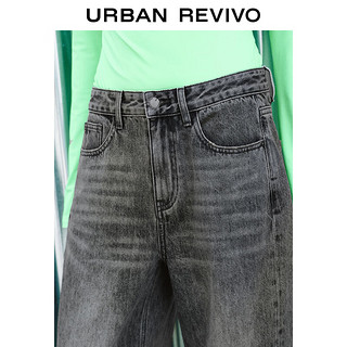 URBAN REVIVO UR2024春季女装复古高街猫须水洗磨白宽腿牛仔裤UWJ840002 正黑 26