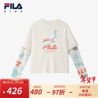 FILA斐乐儿童童装上衣2024春季新款中大童女童假两件T恤休闲长袖 牧筠白-IV 1
