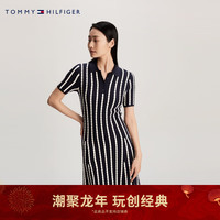 TOMMY HILFIGER24春季女装纯棉拼色绞花条纹修身POLO针织连衣裙43193 黑白条纹03H XS