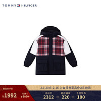 TOMMY HILFIGER 23秋冬童装男格纹拼接刺绣连帽羽绒服2件套外套TH2342036 黑色654 M/150cm