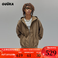 GUUKALAB废土风镂空连帽开衫卫衣男 青少年复古个性水洗帽衫休闲宽松 卡其 XL