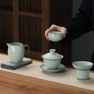 天青汝窑三才盖碗茶杯单个高档防烫带盖泡茶公道杯三件套茶具套装