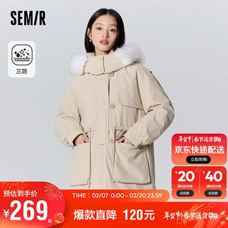 Semir 森马 棉服女中长款宽松收腰工装风2023冬季三防毛领连帽厚109723112006