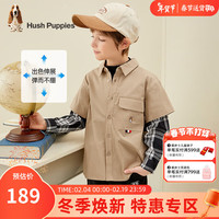 暇步士（Hush Puppies）童装男童女童衬衫春装儿童衬衫高弹面料斜纹沙卡舒适时尚休闲 燕麦卡其 130cm