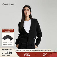 Calvin Klein Jeans24春季女士简约绣标纯棉大V领净色拉链针织开衫J222623 BEH-太空黑 S